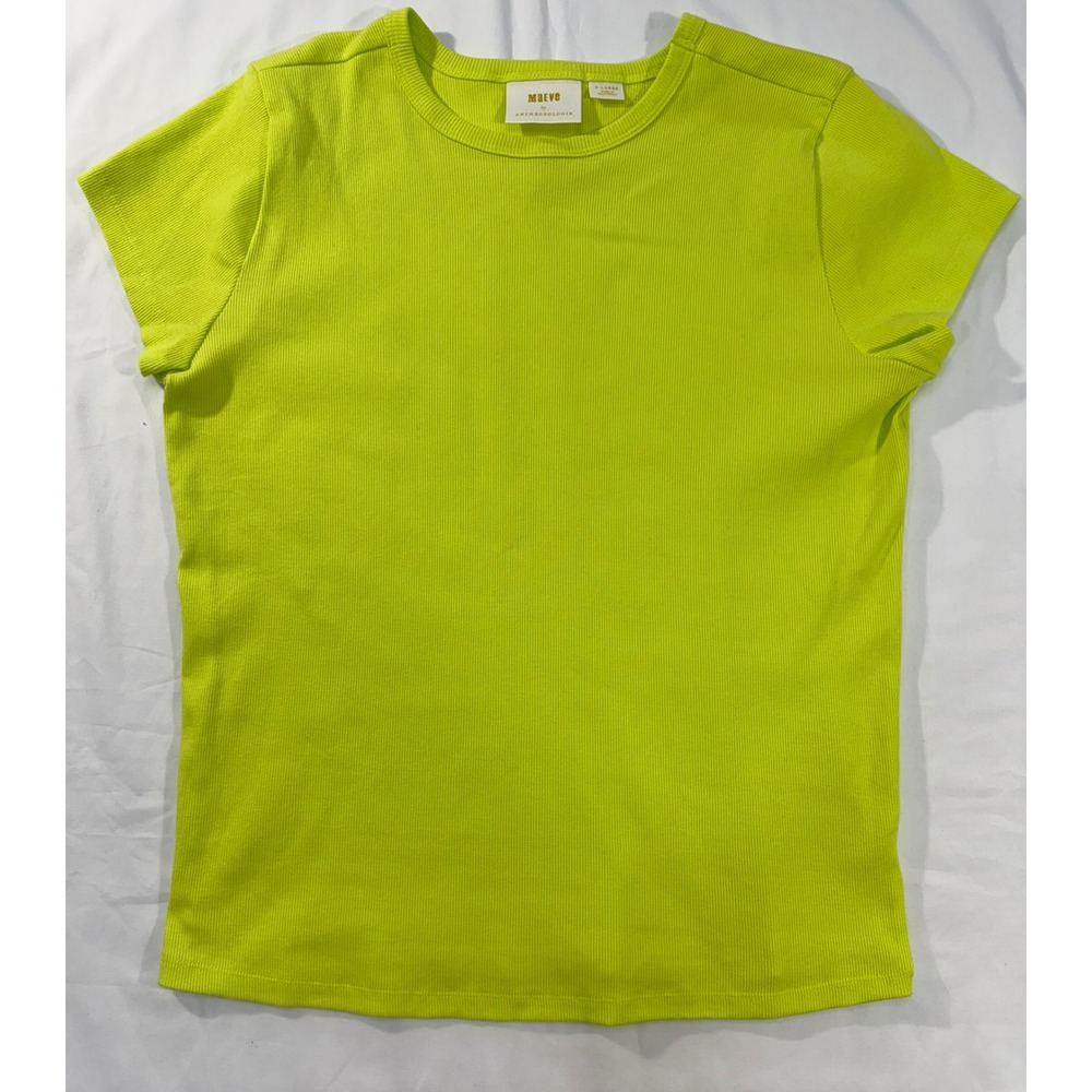 Maeve Anthropologie Ribbed Short Sleeve Tee Lime Green XL Crewneck Ribbed Knit